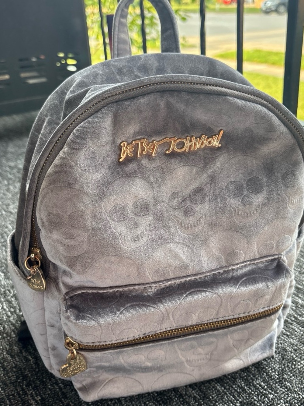 Betsey Johnson Silver Gray Velvet Skull Mini Backpack with Gold Hardware